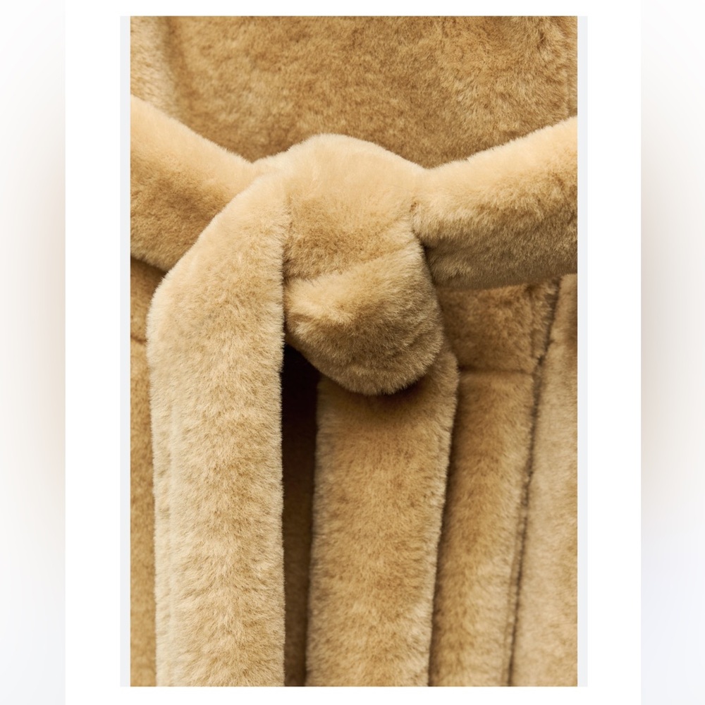 ZARA NEW WOMAN ZW COLLECTION BELTED FAUX FUR COAT BEIGE - Picture 7 of 8